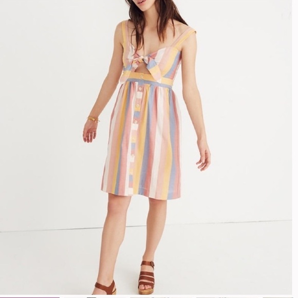 Madewell Tie-Front Cutout Cotton Casual Dress in Sherbet Candy Stripe Size 0 - Picture 7 of 13